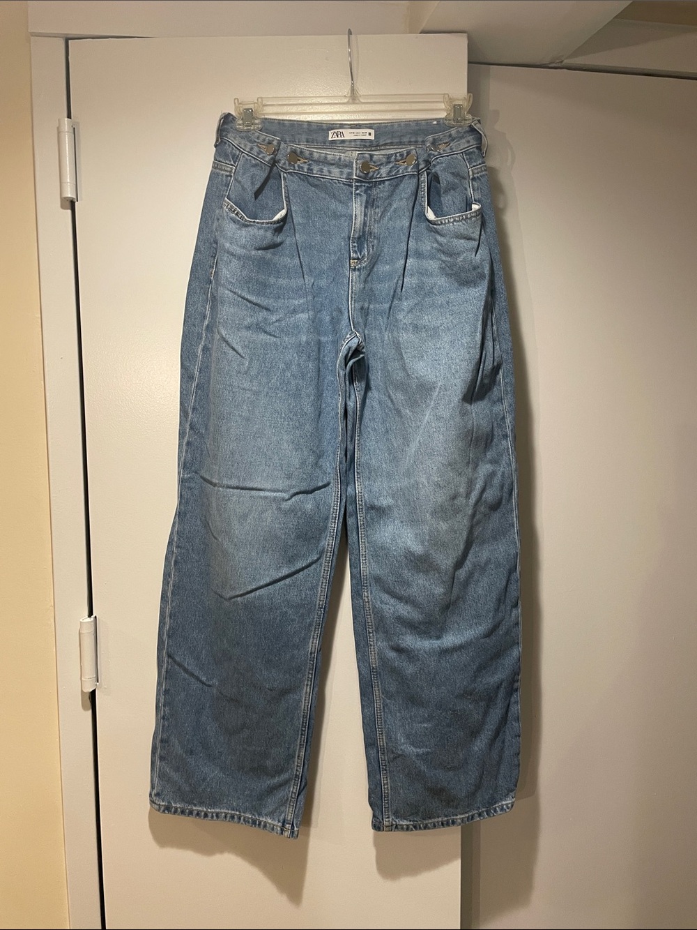 Zara Washed Blue Pleated Wide-Leg Jeans
